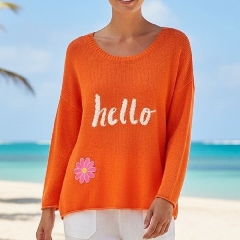 Pink Pineapple Womens Cotton Flower Graphic Knit Sweater Orange L Beachy Summer
